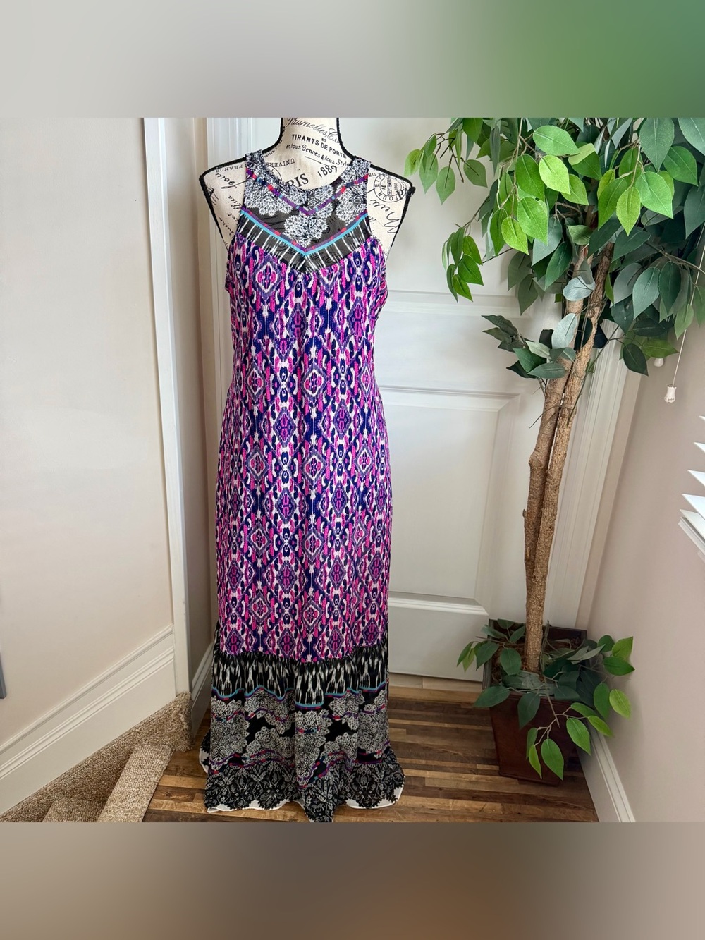 Express Boho Mixed Print Halter Neck Maxi Dress Purple Pink Sz L